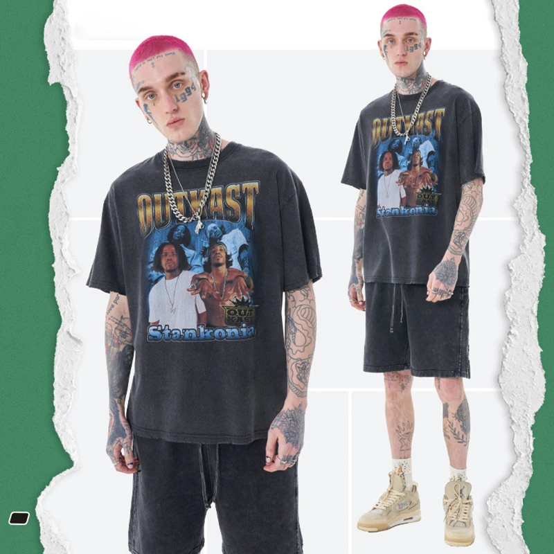 

Hot Seller Male Vintage Casual T Shirt Streetwear Hip-Hop Acid Wash T-Shirt Hip Hop Rap Star Printing Round Neck Short Sleeves