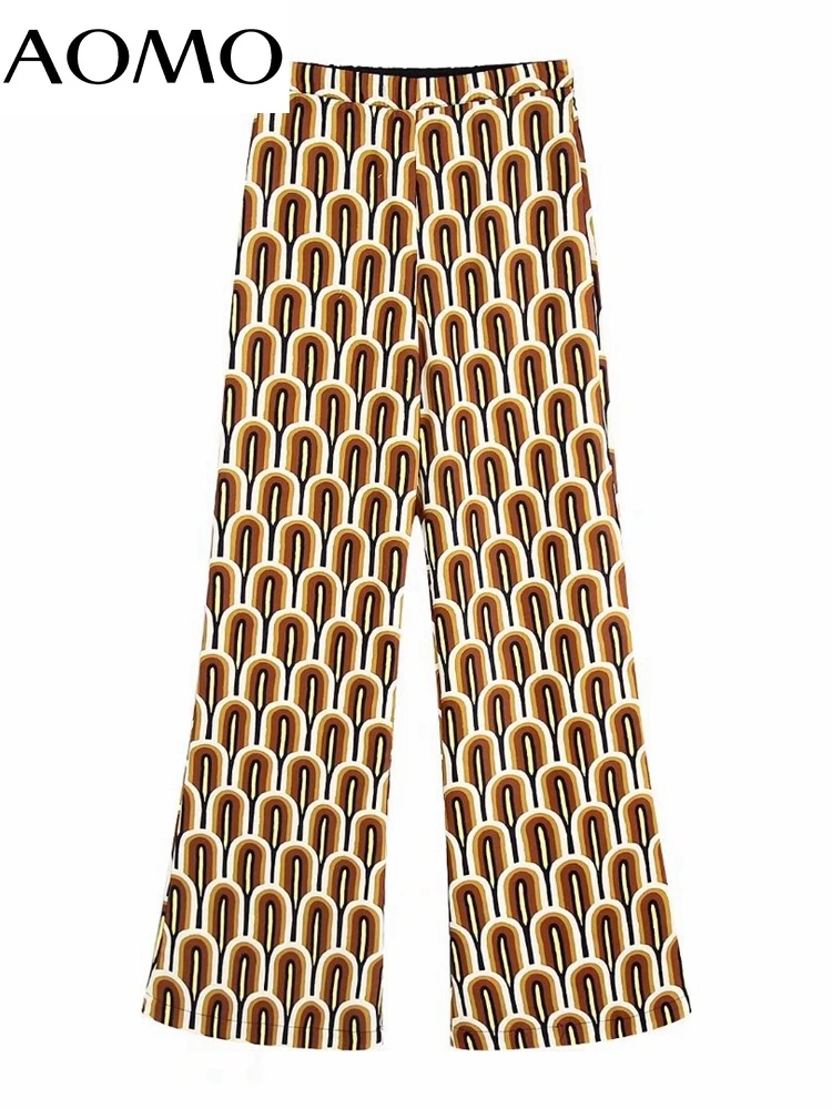 

AOMO Fashion Women Print Flare Pants Trousers Vintage Style Zipper Office Lady Pants Pantalon BE633A