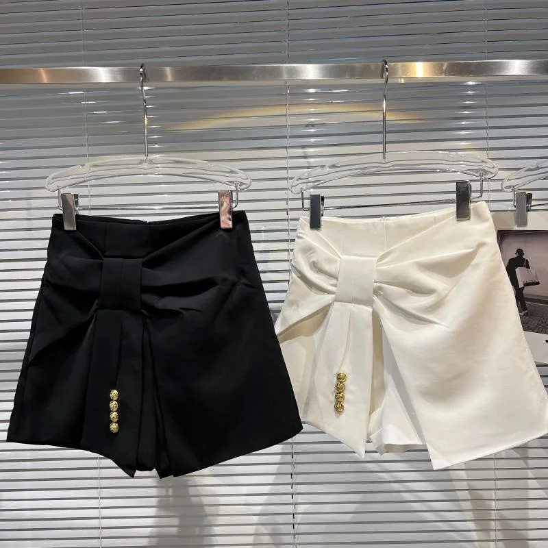 

Button Bow Belt Suit Shorts Black White High Waist Women Skirt Shorts