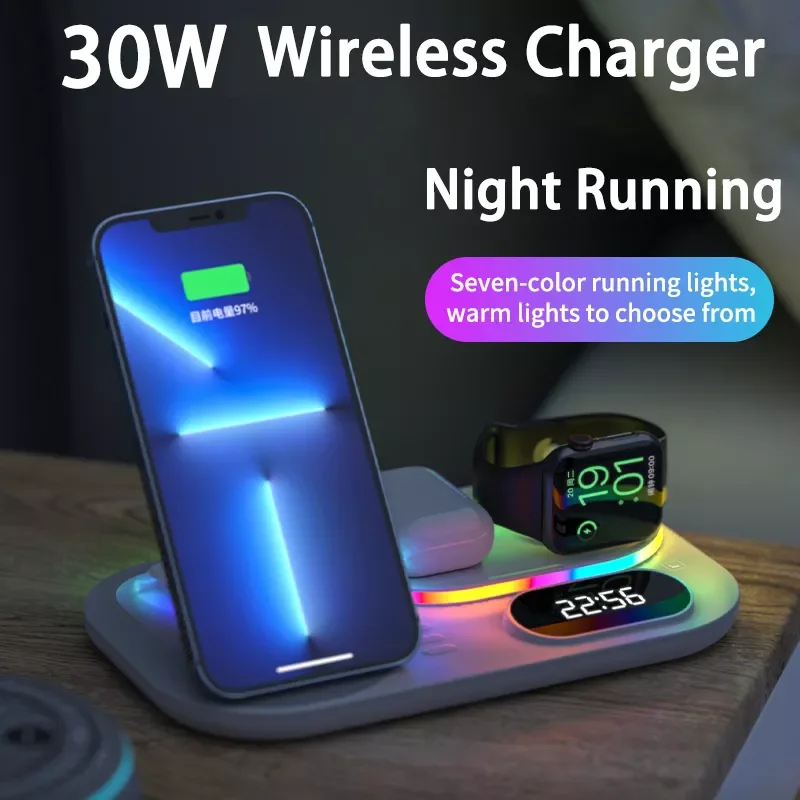 

Qi Wireless Charger 4 in 1 RGB Light Fast Charging Dock Station For Apple Watch iWatch 7 AirPods Pro 2 For iPhone 13 12 XS