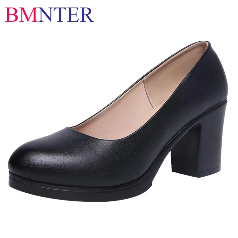 

Work shoes thick heel professional women's shoes round head waterproof platform middle heel leather shoes large size