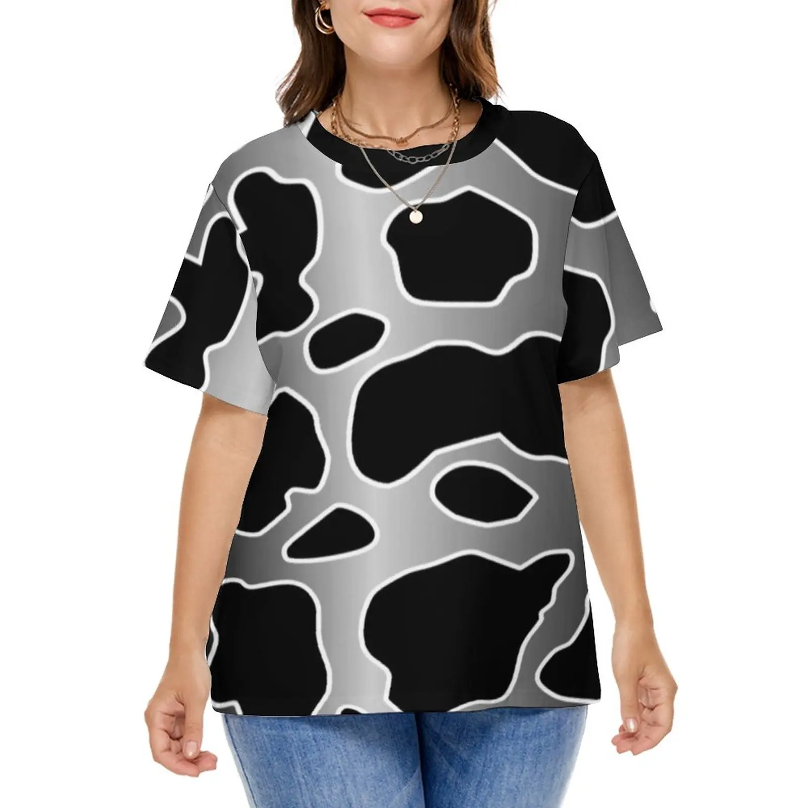 

Black White Cow Print T-Shirt Gray Gradient Faded Spots Harajuku T-Shirts Short Sleeve Basic Tshirt Ladies Summer Graphic Tops