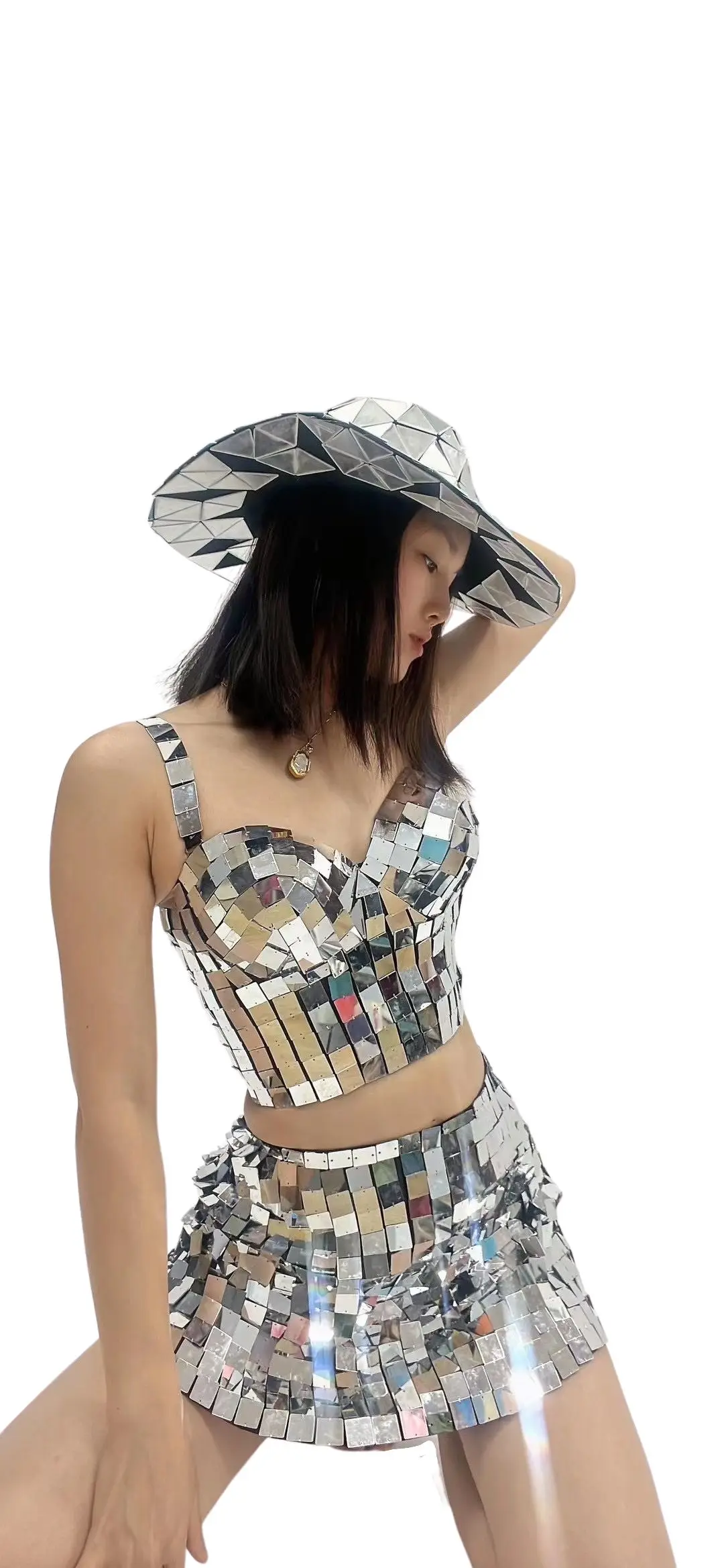 Серебряный зеркальный женский бюстгальтер короткие костюмы для взрослых