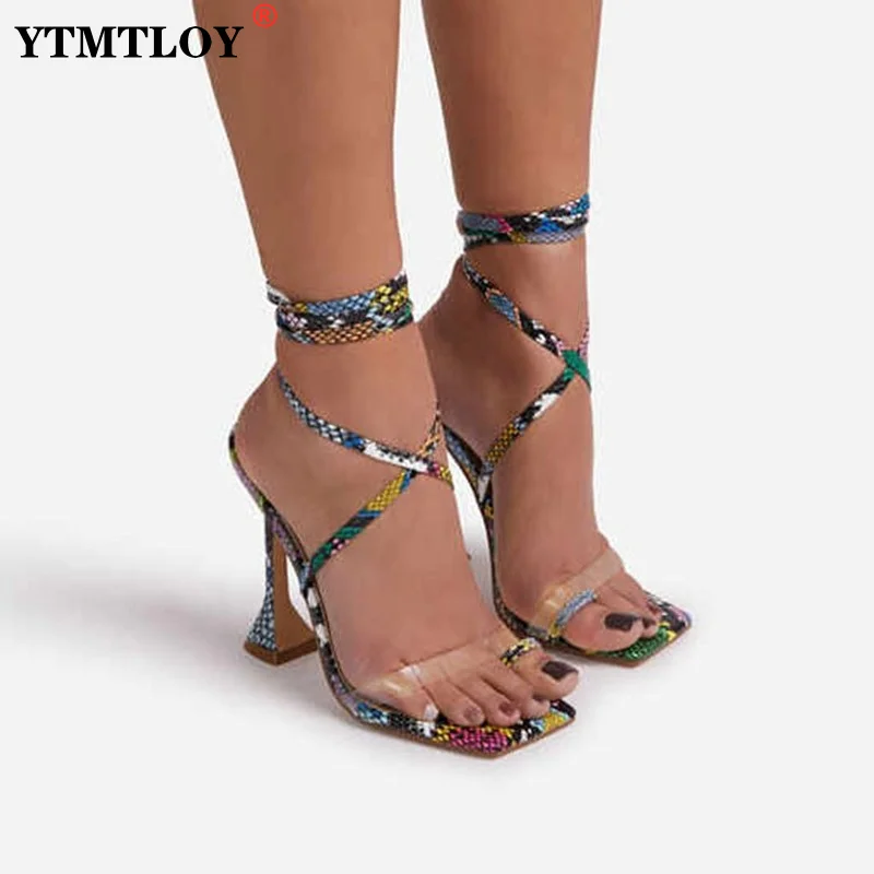 

Fashion Women High Heels Sandals Summer Outside Snake Print Shoes Woman Lace-Up Cross Strap Gladiator Sandals Open Toe Shoes