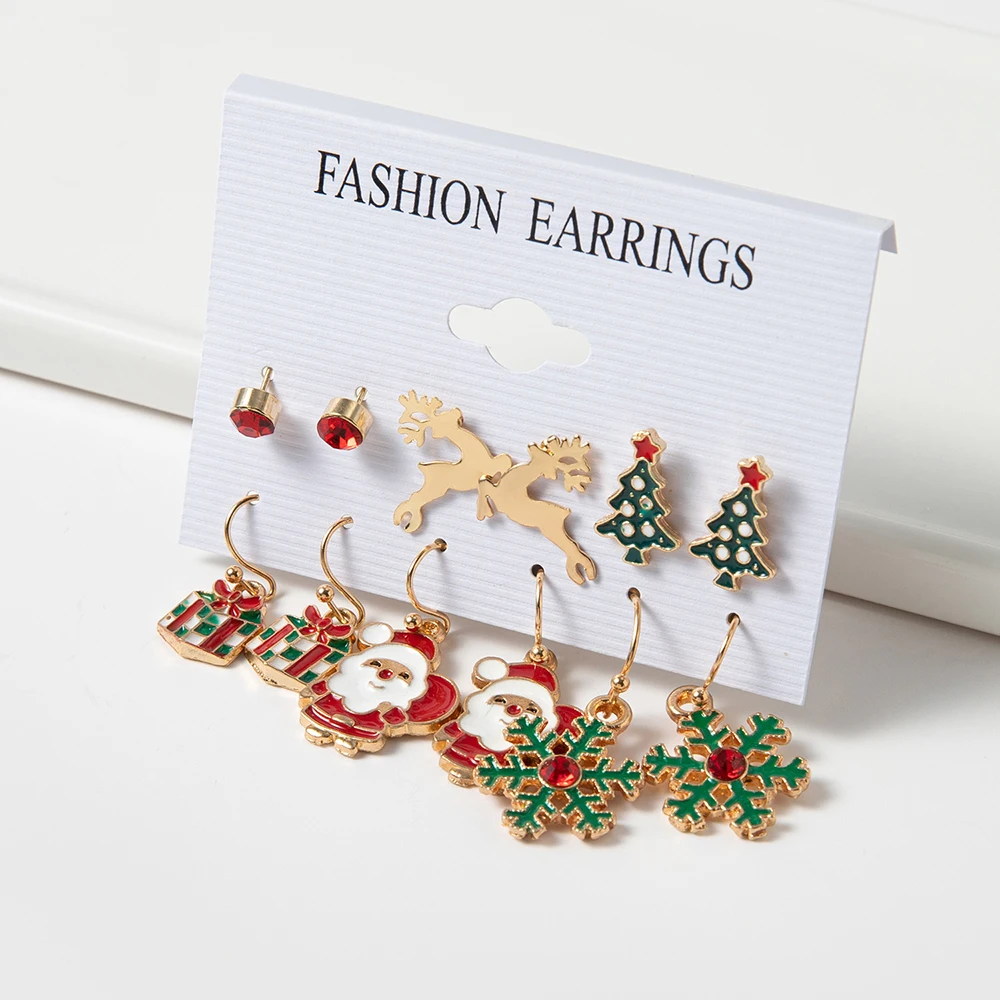 

12pcs Christmas Earring Sets For Women Gift Red Snow Shape Drop Hook Earrings Inlaid Diamond Christmas Stud