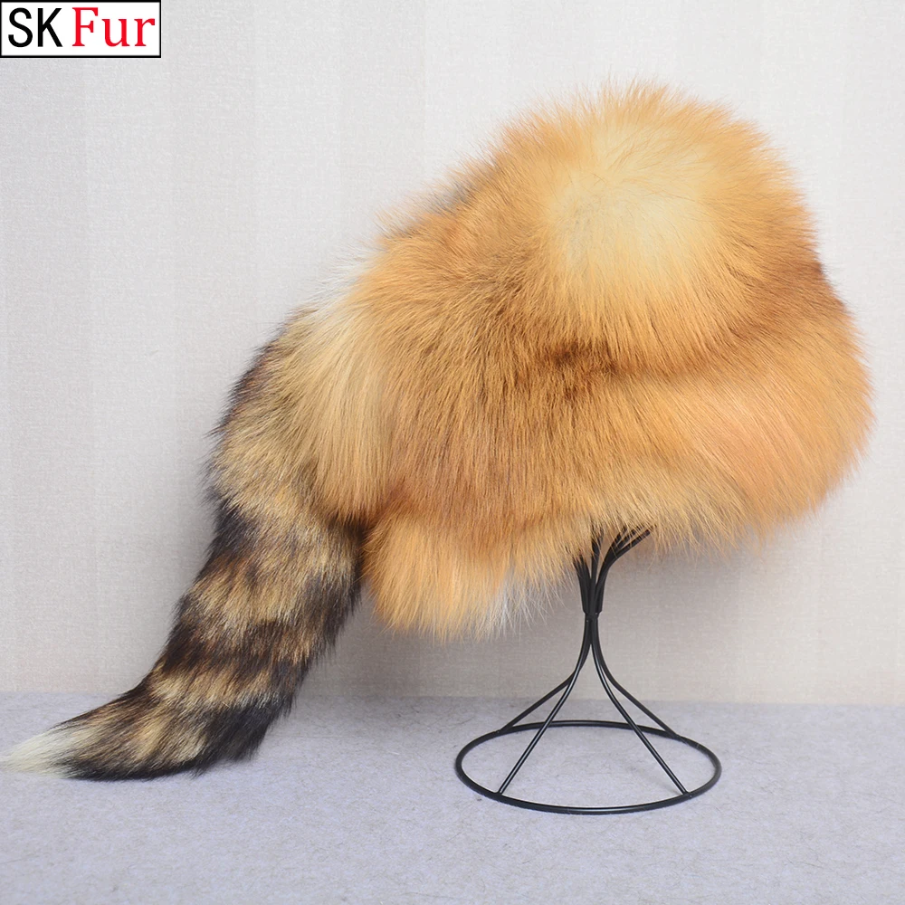 Winter Men Fur Cap Real Genuine Natural Fox Fur Hat Headgear Russian Outdoor Man Fox Fur Beanies Cap Men Warm Fashion Bomber Hat