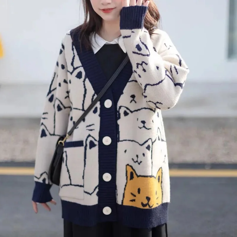 Harajuku Kawaii Cartoon V Neck Cardigan Women Cute Cat Vintage Knitted Sweater Female Retro Long Sleeve Knitwear Coat Women Tops