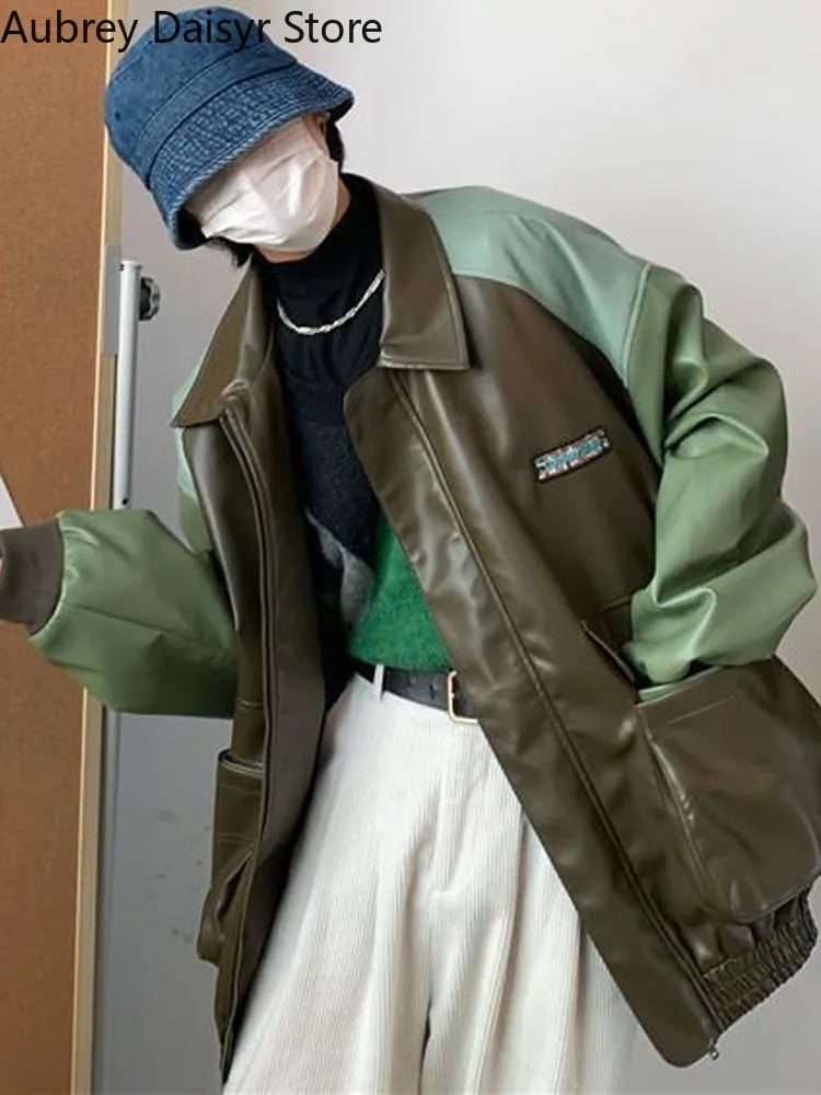 Korean Fashion Leather Jacket Women Winter Streetwear Warm Biker Zipper Jacket Vintage Chic Patchwork Loose Harajuku Coat 2022