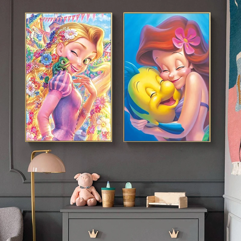 Disney Mermaid Rapunzel and Pascal Poster Digital Oil Painting HD Printing Wall Cartoon Art Home Decor Paintings Single |