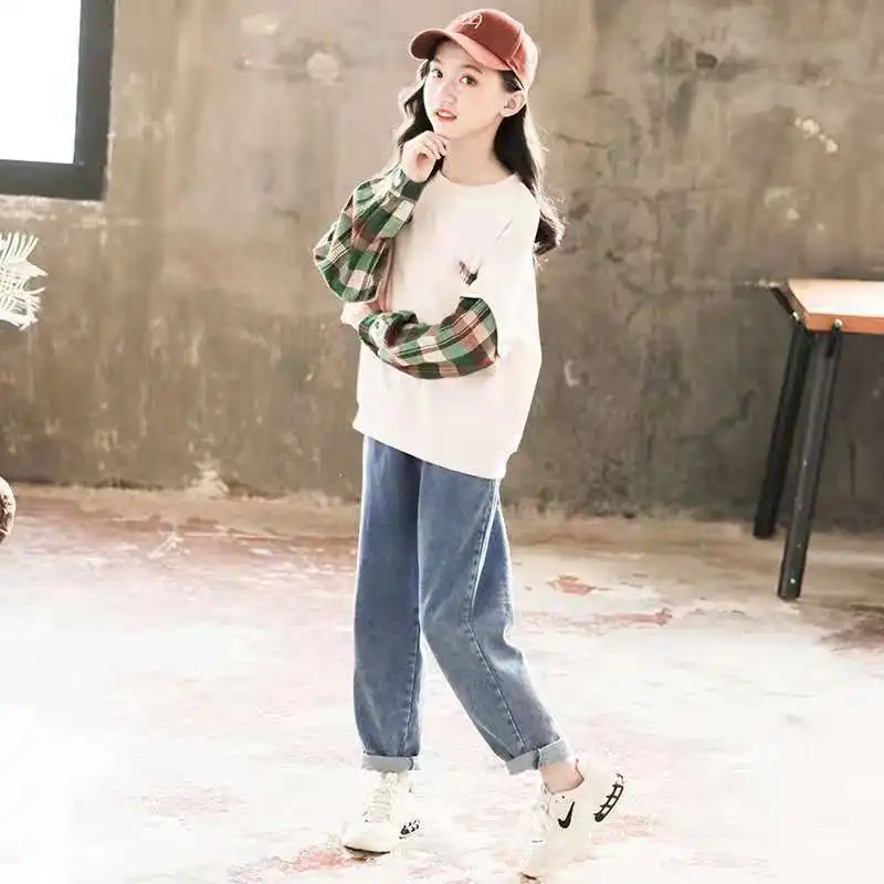 Осенне-зимний комплект одежды для девочек хлопковая толстовка с рукавами в стиле