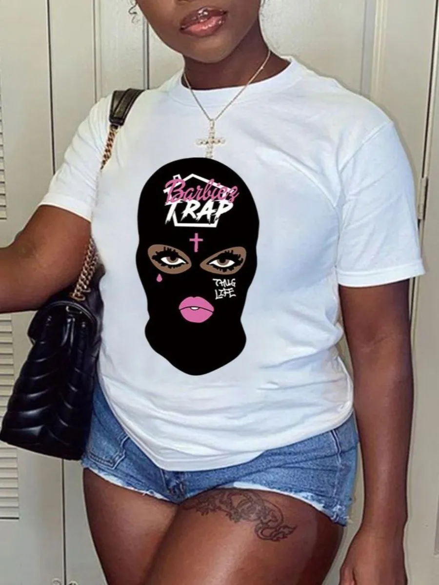 

LW BASICS Masked Face Letter Print T-shirt New Trendy Summer Fashion Women T-shirt Simple Funny Loose Short Sleeve Tops Tshirts