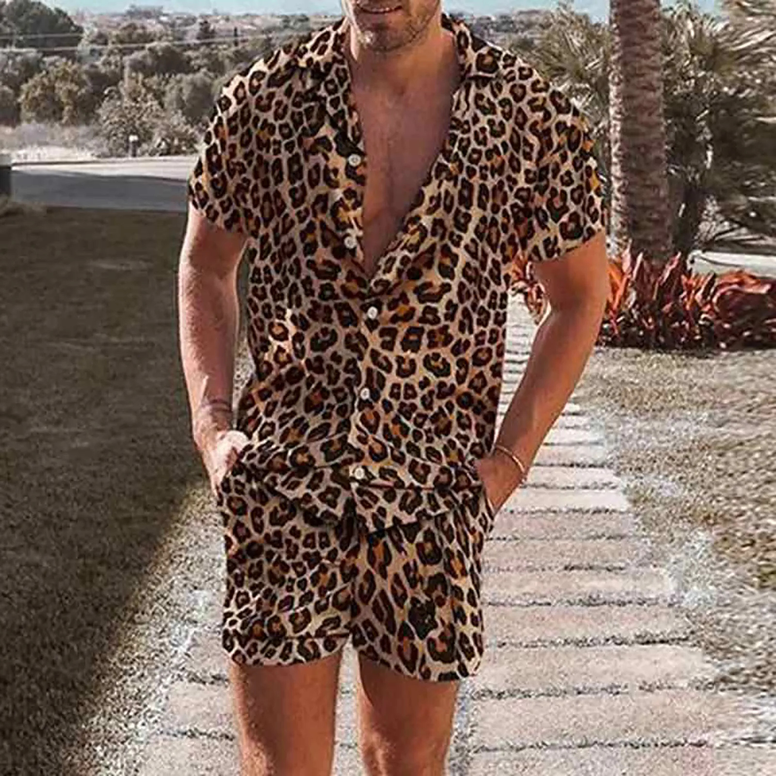 Leopard Print 2 Piece Suit Deep V-neck Tracksuit Short Sleeve Male Set Loose Beachwear Conjuntos Cortos Beach Dailywear 2023