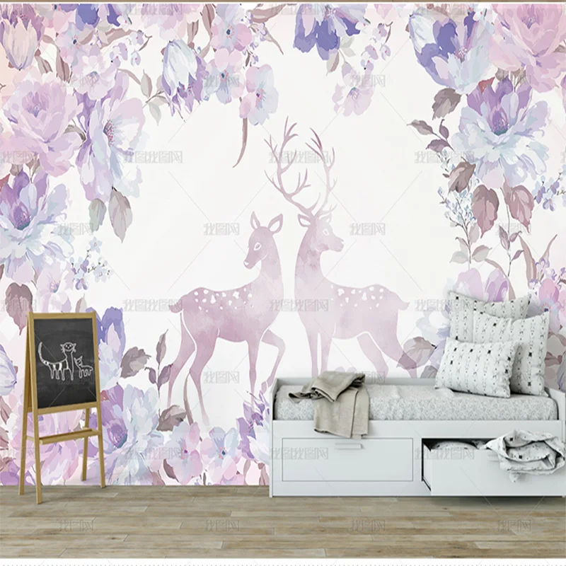 3D Современные Простые фиолетовые Акварельные Цветы Лось самоклеящиеся обои для