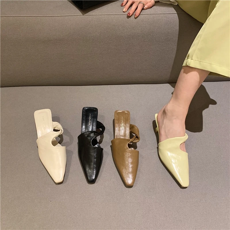 Simple Pointed Outdoor Half Drag Bag-Head Sandals For Women 2022 Spring Hot Versatile Comfortable Short Heels British Style