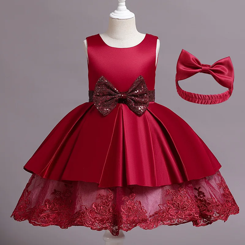 

Summer 2022 New Arrivals Girls Sleeveless Sashes Bow Sparkly Sequins Red Cute Designer Elegant Evening Party Girl Dresses 4-7T