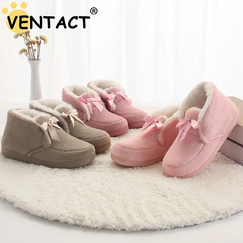 

VENTACT Winter Women Home Slippers New Style Bow Fleece Cotton Flat Comfortable Lovers Slippers Indoor Non-Slip Leisure Shoes