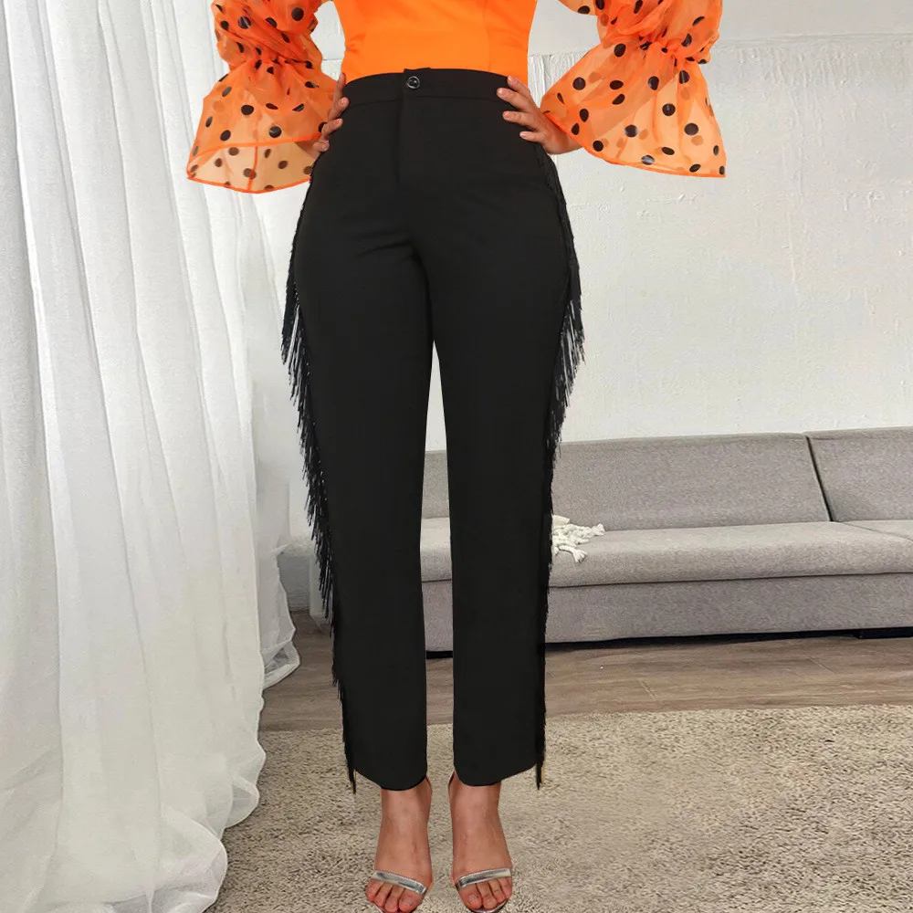 

Tassel Pants Elastic High Waist Slim Straight Trousers With Fringe Edge Solid Color High Stretch Women's Casual Pants 2022 Hot