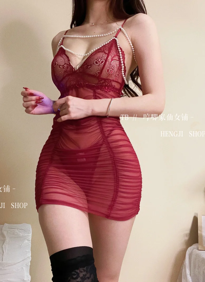 

Новинка, женское летнее пикантное платье с глубоким V-образным вырезом и жемчужной цепочкой, ажурное прозрачное Плиссированное мини-платье с открытой спиной