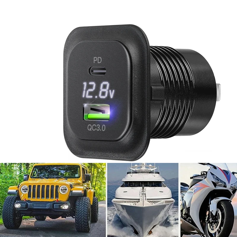Автомобильное зарядное устройство USB C 12 В/24 В двойная USB-разъем PD3.0 и QC3.0