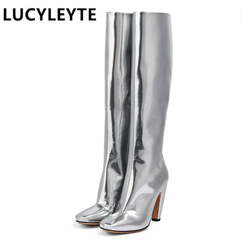 

2023 Women's Autumn and Winter Fashion Thick High Heel Side Zipper Knee High Boots European and American Banquet Show Boots