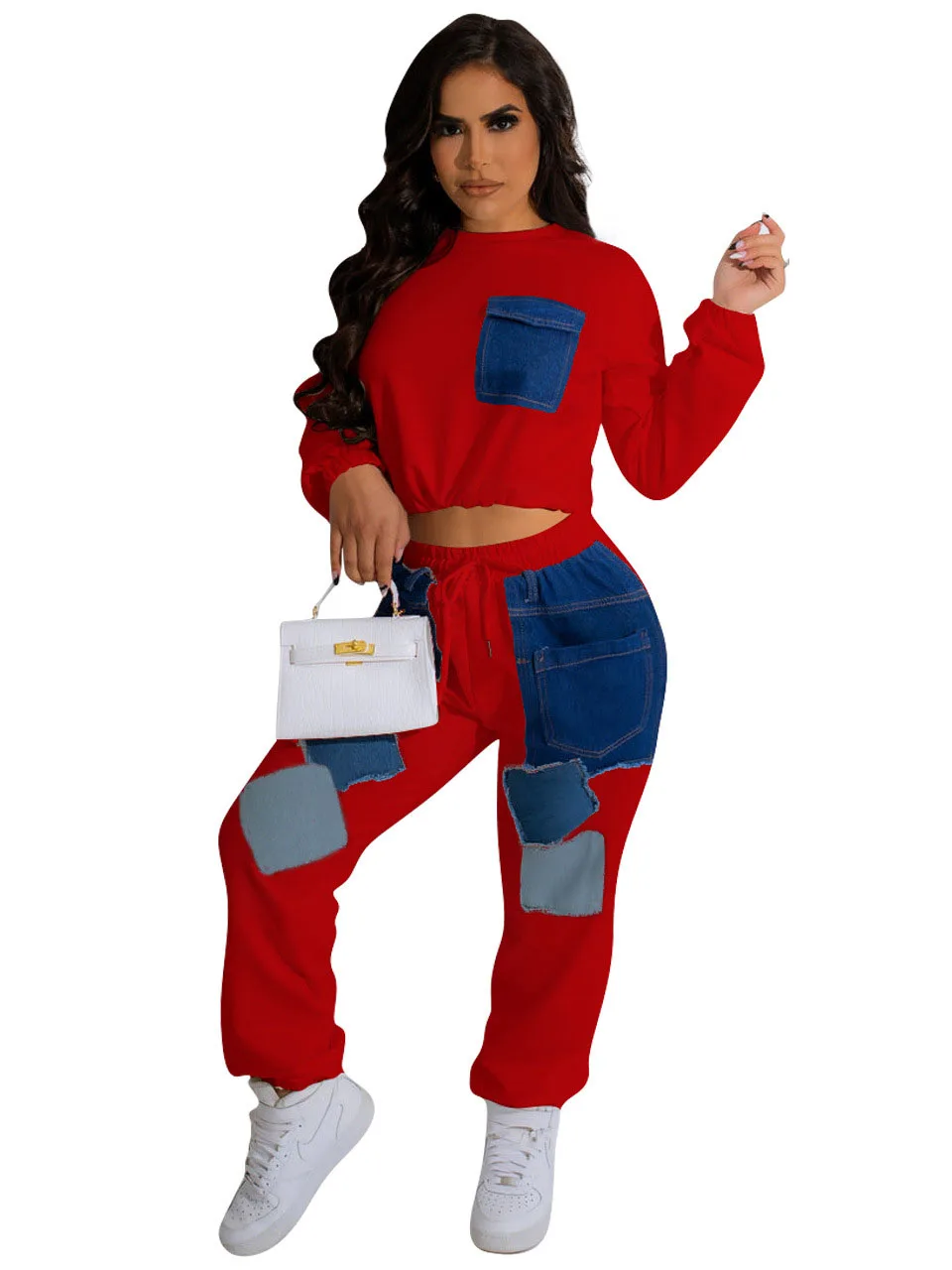 

Szkzk two piece sets womens outifits Crop top And Pants Long Sleeve splice Patch Color Block High Waist Party Club Wear Sets