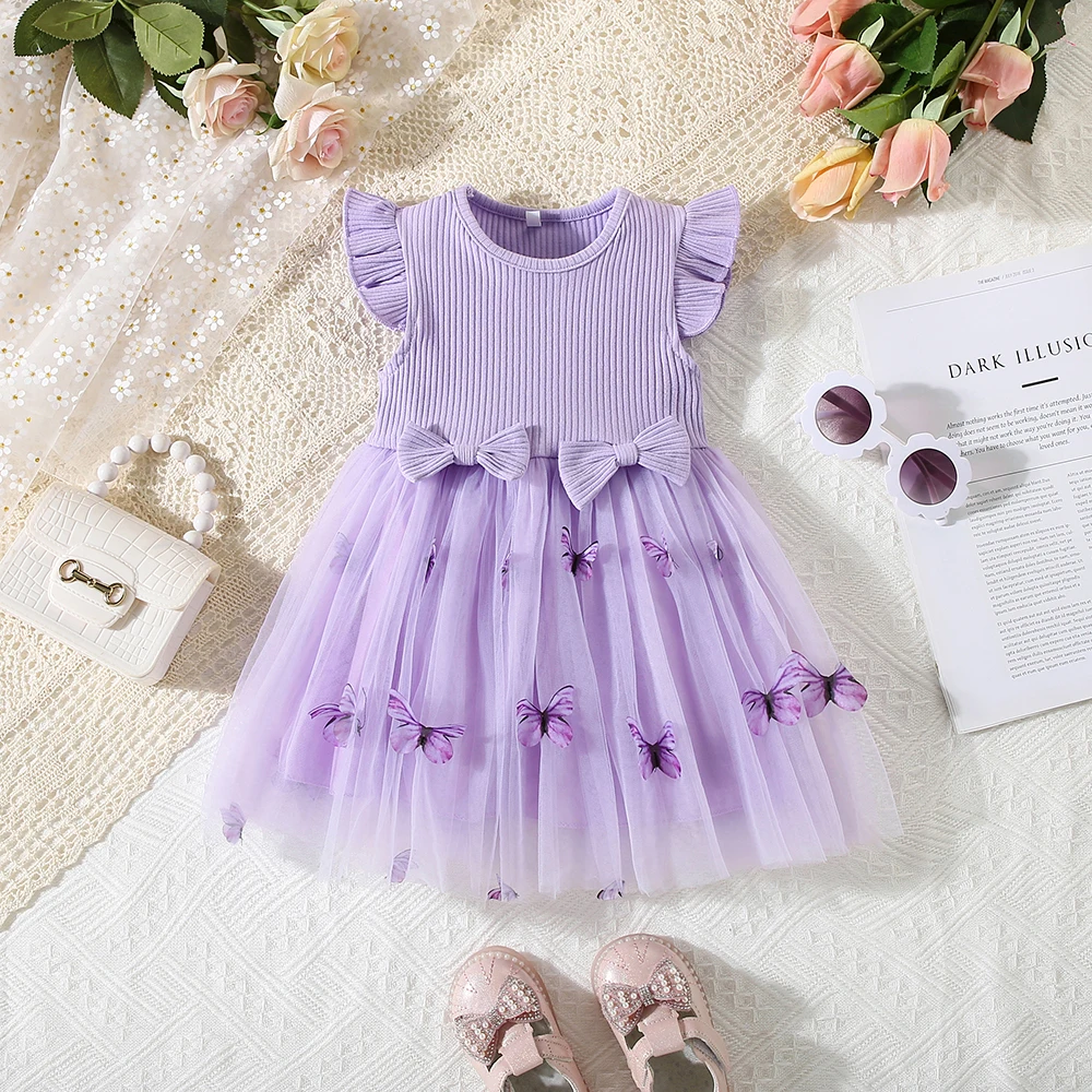 Летнее платье для маленьких девочек с круглым вырезом сетчатая юбка-трапеция