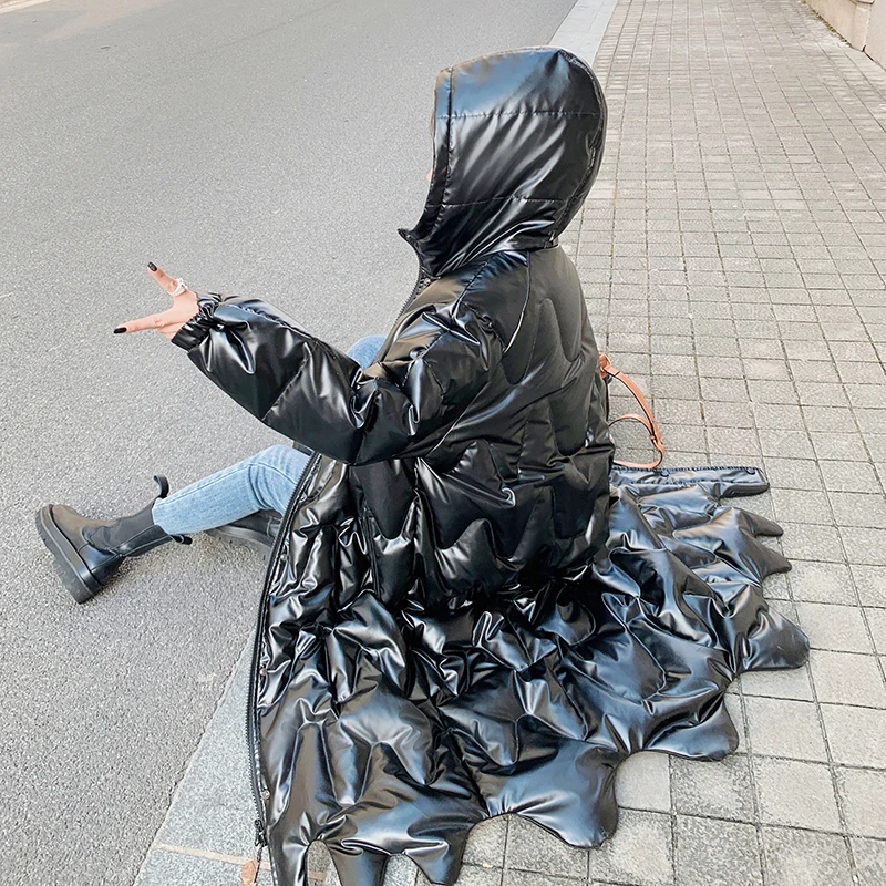 

Black Bright Quilted Cotton Padded Jacket Long Hooded Parka 2022 Winter Clothes Women Fasion Elegant Loose Irregular Coat 2868