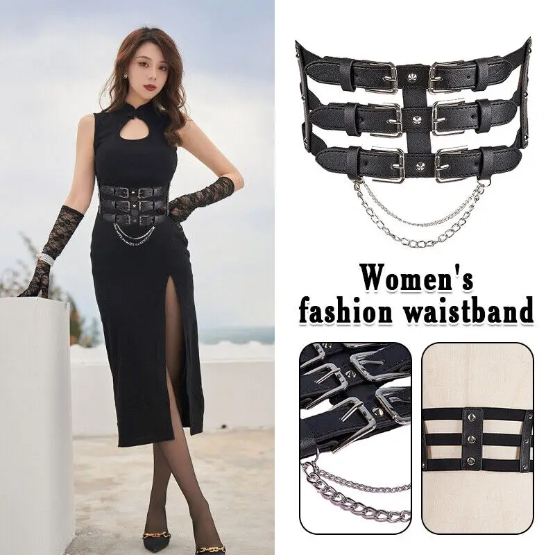 Women'S Vintage PU Leather Slim Wide Belt Chain Punk Dress Shirt  Elastic Girdle European And American Down Decoration