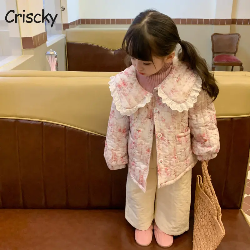 

Criscky 2022 Winter New Korean Style Baby Girls Floral Outerwear Lace Lapel Thicken Warm Toddlers Kids Padded Cotton Coats