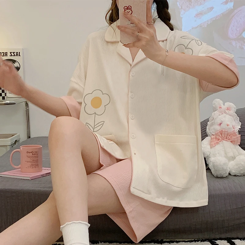 Summer Women Pajama Sets For Adult Sweet Sleepwear Cotton Flower Print Pyjama Pour Femme Korean Girl Homewear Female Pijama