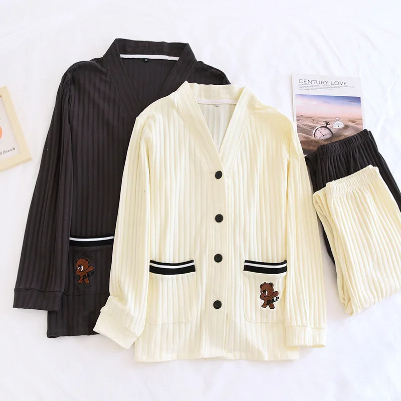 Women Nightwear V-neck Jacquard Knitted Cotton Couple Pajamas Set Four Seasons Thin Casual Elastic  Long-sleeved Men Home Wear