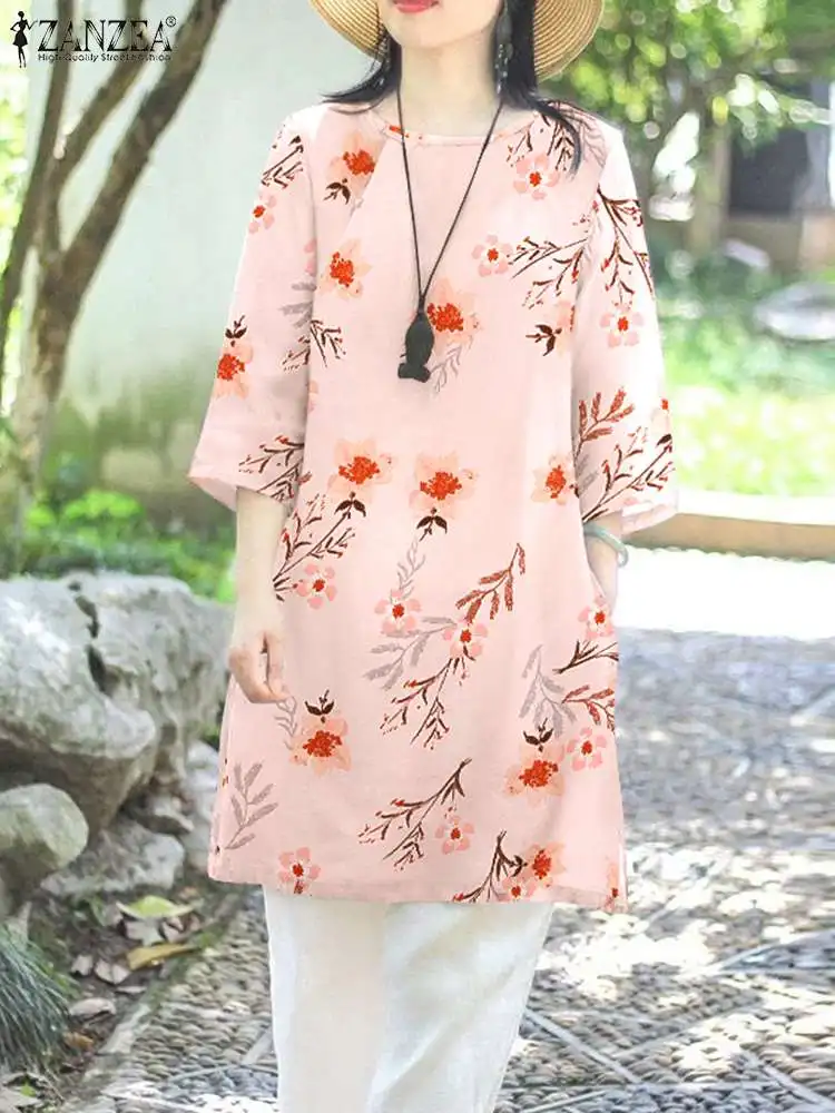 

Блузка ZANZEA женская с цветочным принтом, длинная Повседневная рубашка с круглым вырезом и рукавом 2023, винтажный кафтан, топ с Боковым Разрезом, лето 3/4