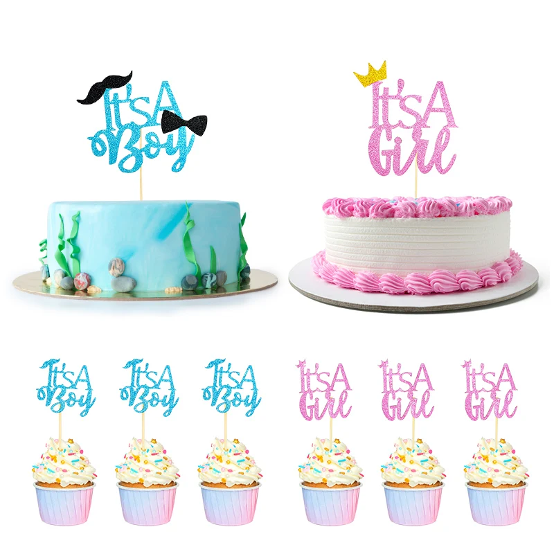 

It's A Girl Or Boy Cake Topper Pink Blue Glitter Cake Picks Kids 1st Birthday Party Gender Reveal Decor Baby Shower Supplies