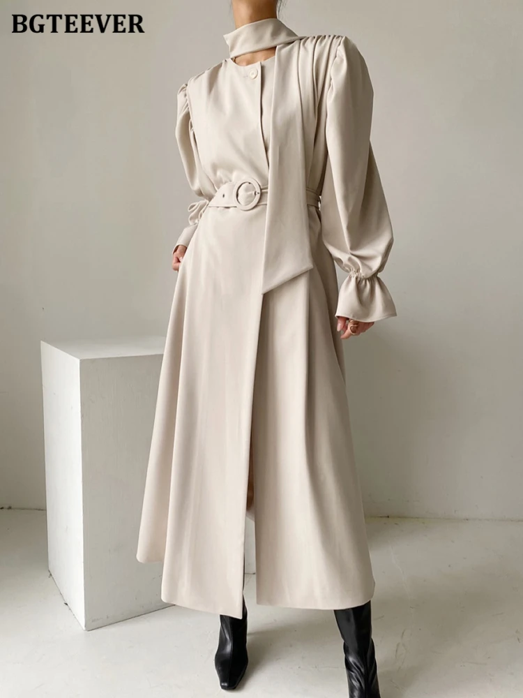 

BGTEEVER Fashion Elegant Lace-up O-neck Women A-line Dress Long Sleeve Belted Slim Waist Female Solid Dress 2022 Spring Summer