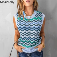 mosimolly 2022 summer tops women knit tank vest hollow out lace crochet sleeveless sweater vest casual striped vest knitting