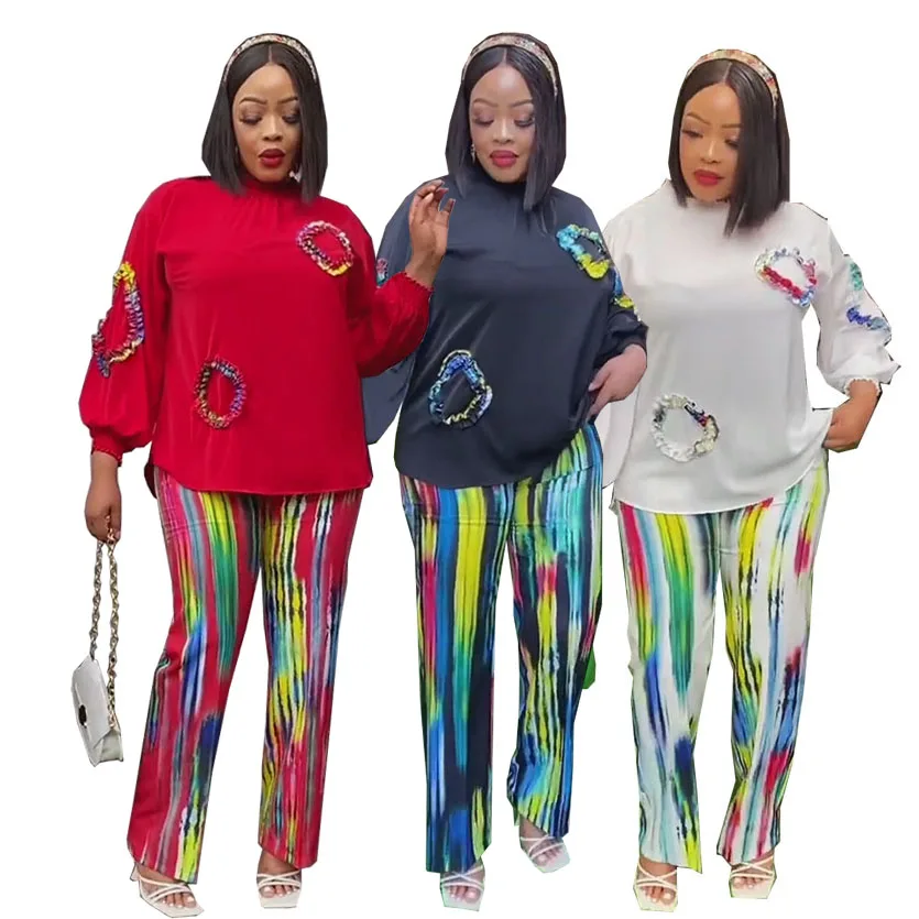 

2 Piece Women Set Dashiki African Clothes Autumn Winter New Fashion Long Sleeve Top And Pants Suit High Street Lady Chic Sets