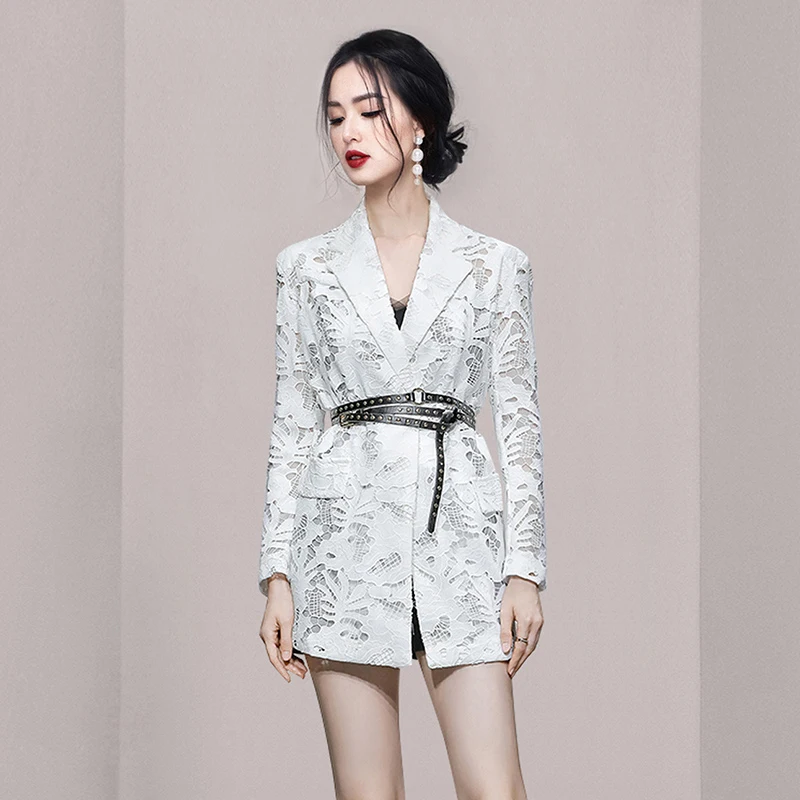 

Elegant Autumn White Lace Blazers Coat Runway Fashion Women Notched Double-Breasted Hollow Out Ladies Suit Outerwear Whit Belt