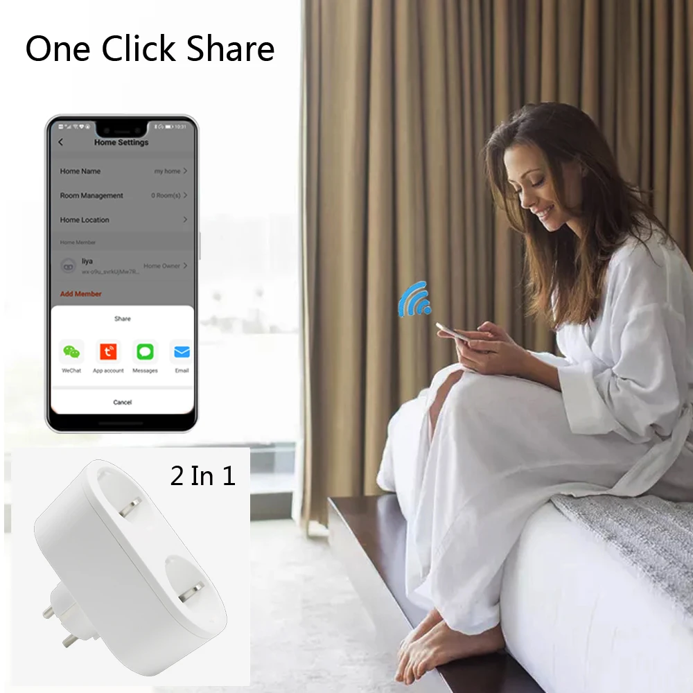 2 In 1 TUYA 16A EU Smart Wifi Power Plug Energy Monitor Timer House Wireless Dual Socket Outlet Alexa Google Home |