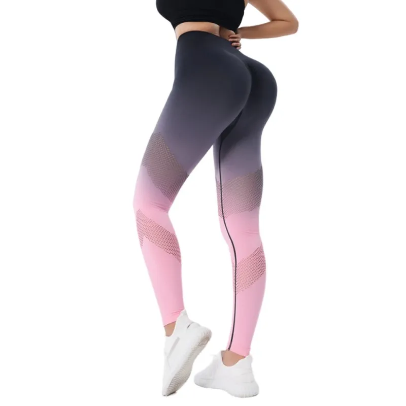 Girls Fashion Hollow-Out Gradient Yoga Pants Woman Gym Sports Seamless High Waist Leggings Teenages Fitness Push Up Workout Pant