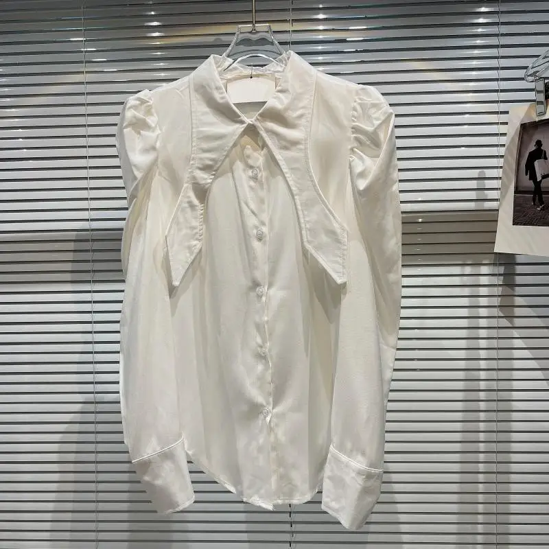 

New Fashion Elegant Simple Long Sleeve Blouses 2022 Spring Women Classic Style Pointed Collar Solid Color Puff Sleeve Shirt Top