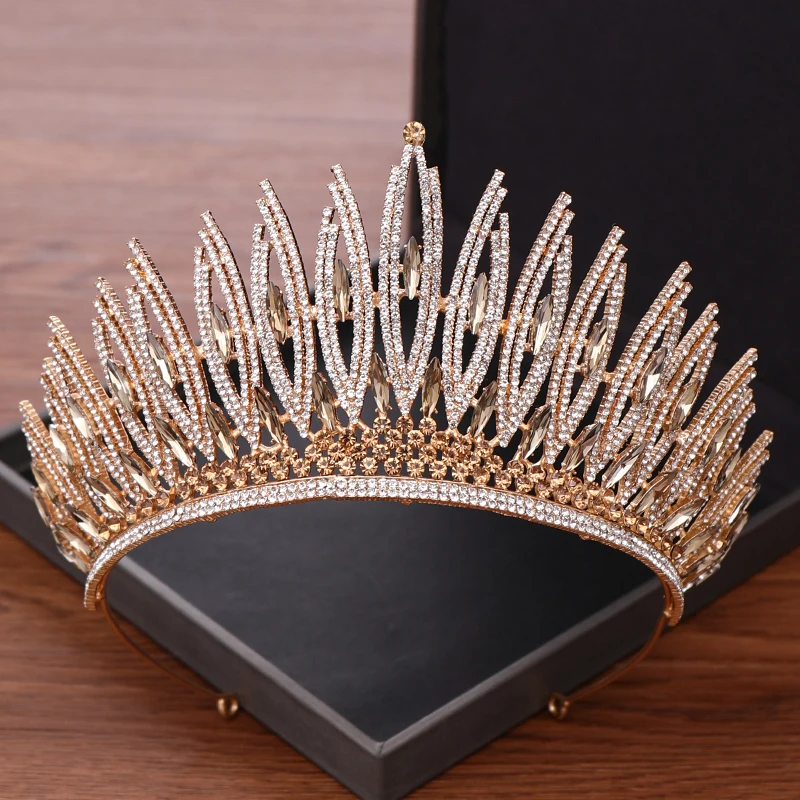 

Mewah Berlian Imitasi Kristal Bride Crown Tiara Emas Cahaya Mahkota Tiara untuk Wanita Pernikahan Mahkota Headband Aksesoris Ram