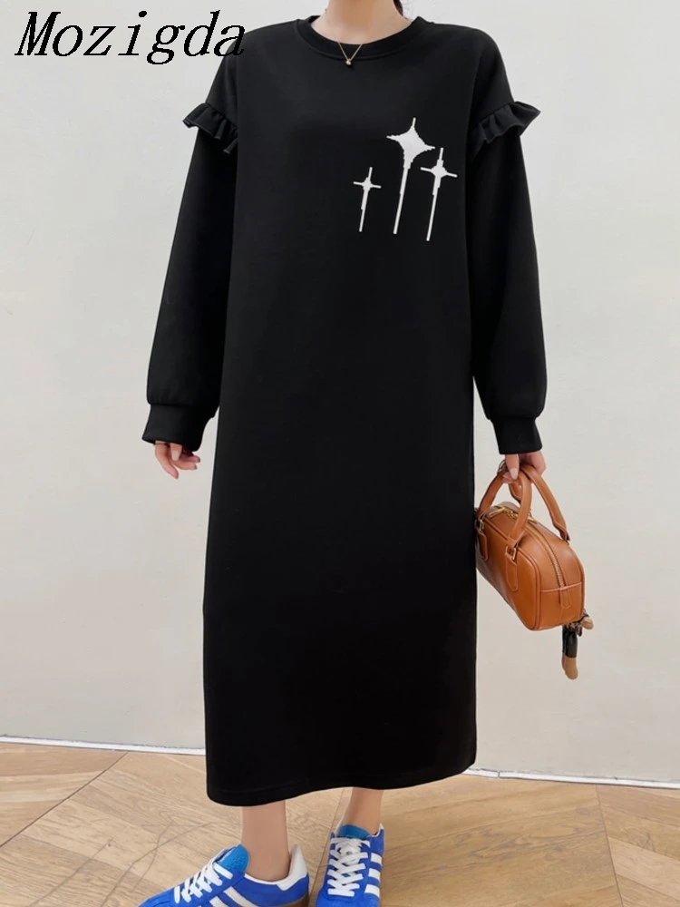 Осенне-зимнее длинное платье большого размера черное женское свободное