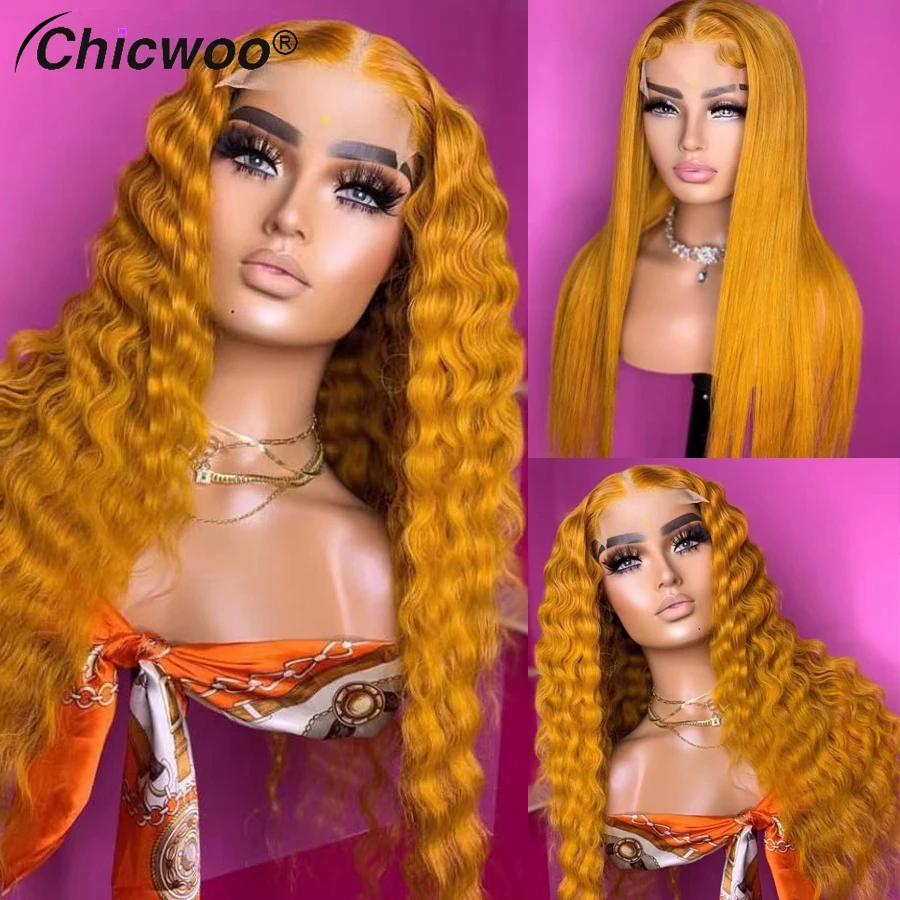 

30inch Yellow Deep Wave Wigs for Women Brazilian Remy Human Hair 13x4 13x6 Transparent Lace Front Silky Straight Wig Pre Plucked