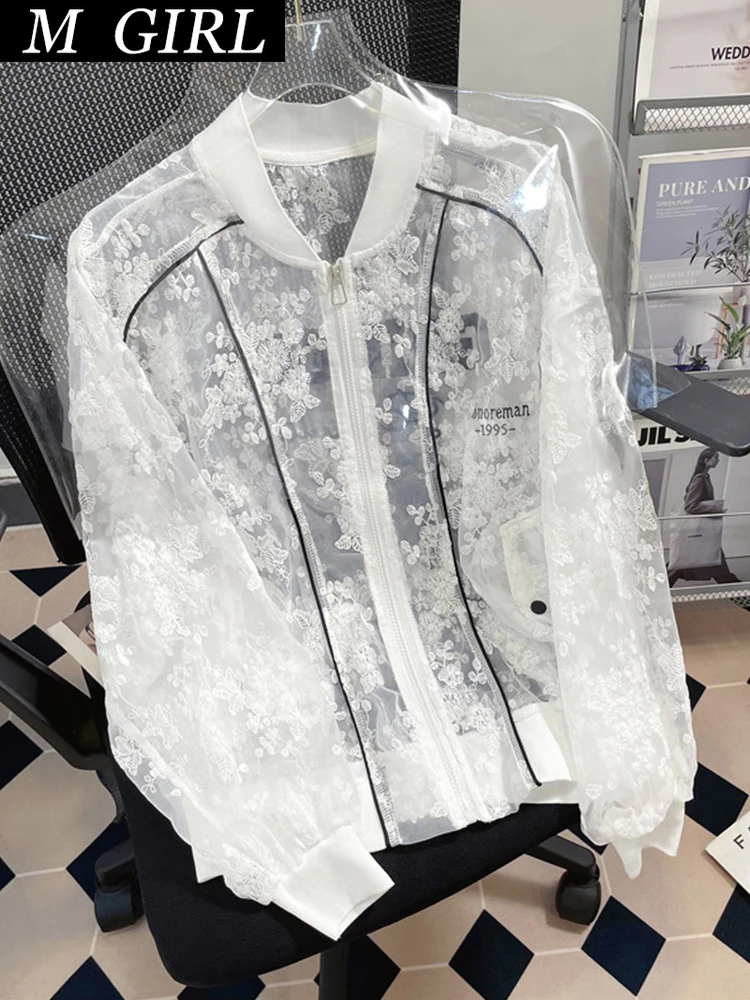 

M GIRLS White Lace Sunscreen Clothing Women 2023 Summer Loose Long Sleeved Breathable Jacket Female Casual Thin Beach Sun Proof