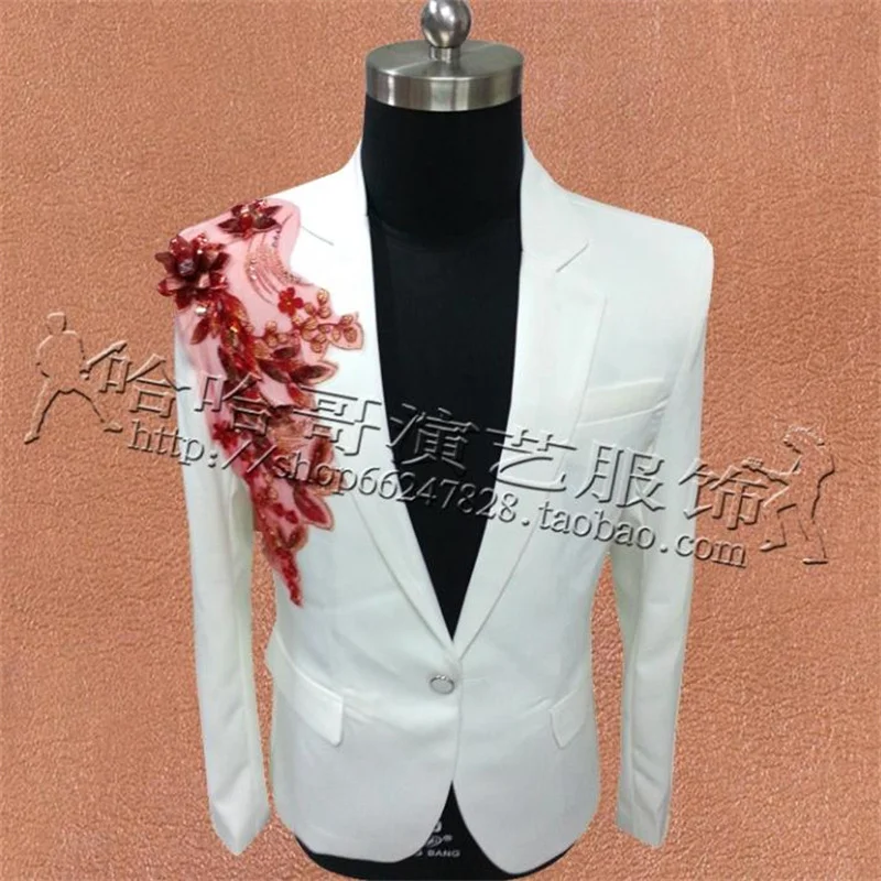 White embroidery jackets men suits designs stage costumes for singers men sequins blazer dance clothes star style dress punk