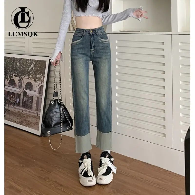 Vintage Clothes Women's Pants Straight Leg Jeans Woman Korean Fashion Streetwear Female Clothing Y2k High Waist 2022 Denim Blue