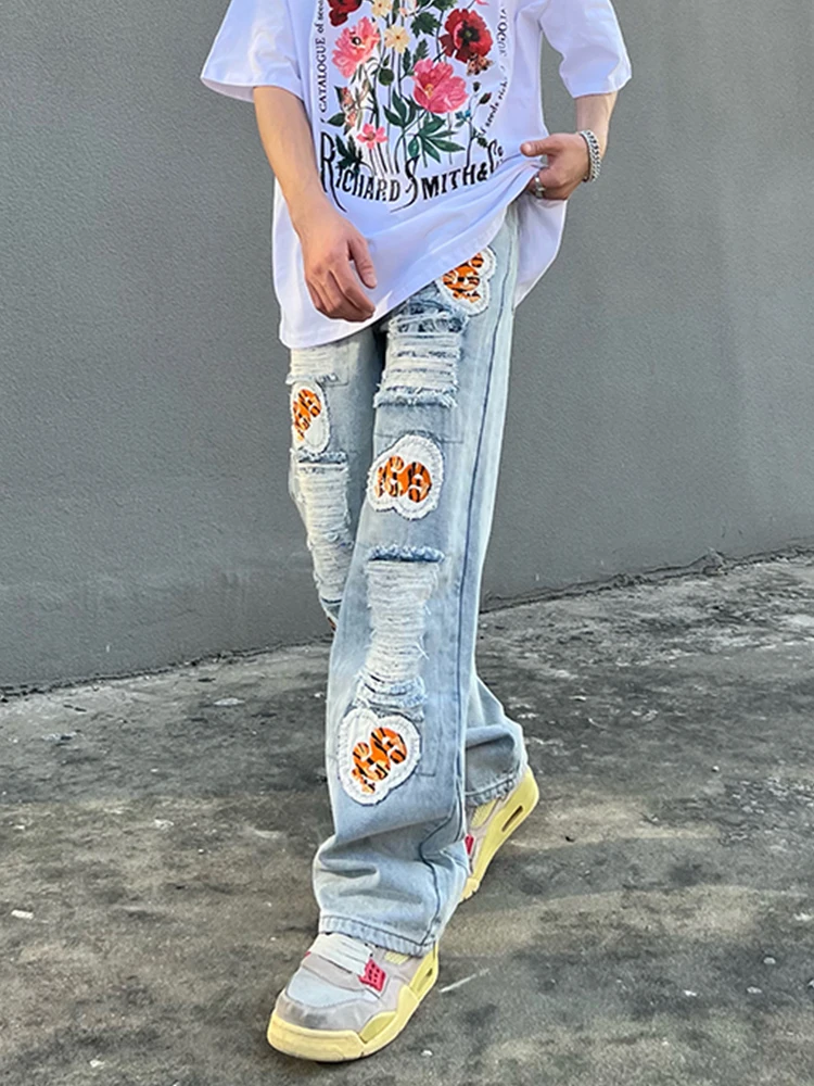 Men's Jeans Y2K Fashion Distressed Holes Patched  Loose Denim Casual Pants Streetwear Hombre Ripped Straight Baggy Jeans For Men