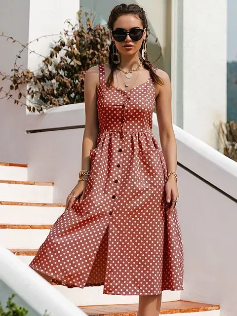 

Повседневное платье в горошек без рукавов New2022, праздничное Стильное женское платье на пуговицах с высокой талией, модные летние платья сре...