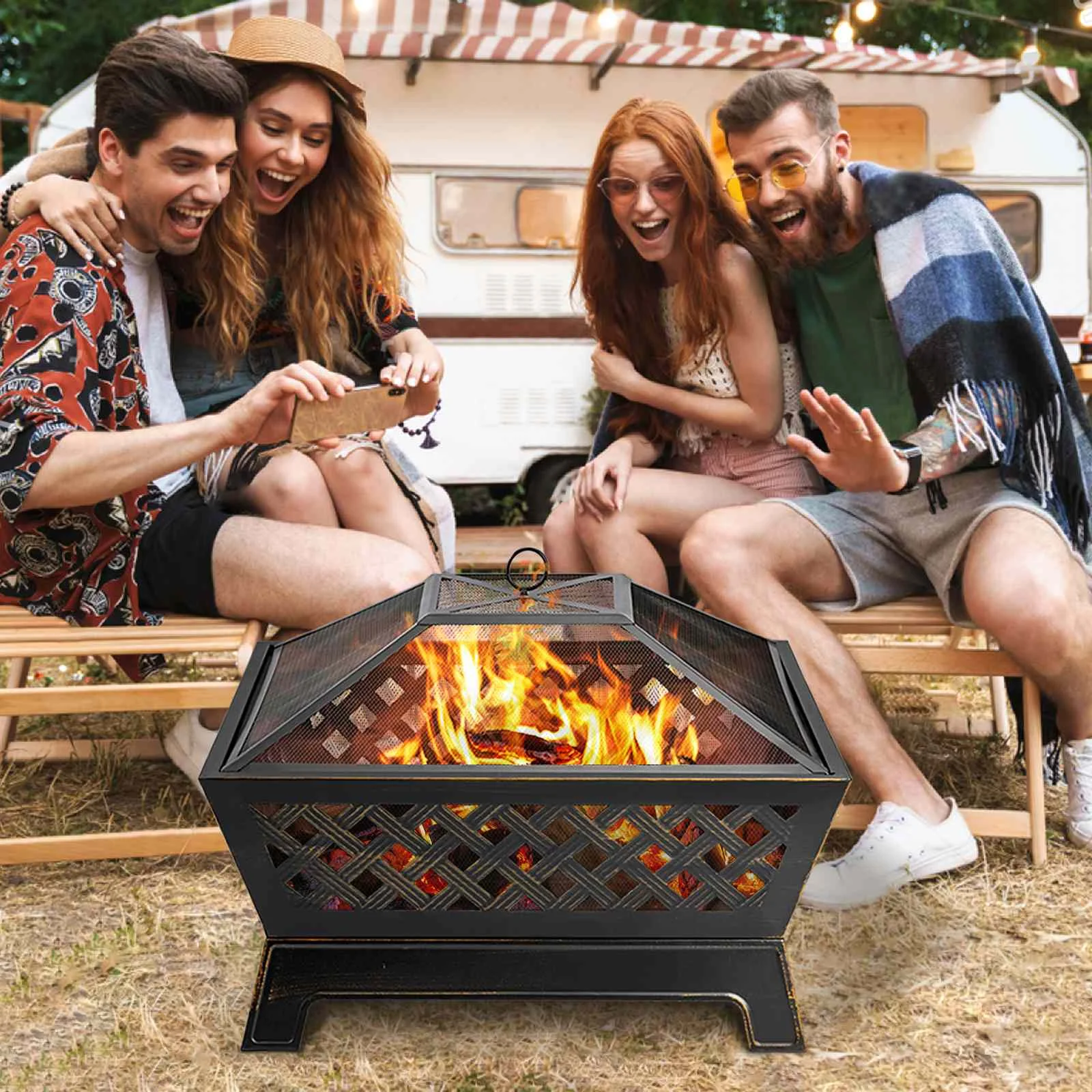 

34 Inch Fire Pits Large Wood Burning Deep Steel Firepitsm with Ash Plate,Water Drainage Hole Spark Screen Outdoor BBQ Grills
