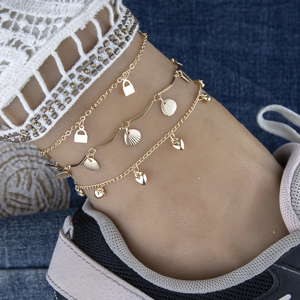 

New Trendy Bohemia Anklets Chain For Women Girl 3pcs/set Summer Beach Foot Bracelets Love Heart Pendant Three-layer Ankle Chain